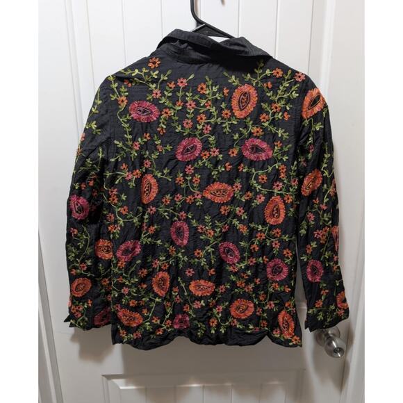 Laura Ashley Embroidered Silk Shantung Jacket Sz S Black Green Red Orange Floral - Picture 6 of 8